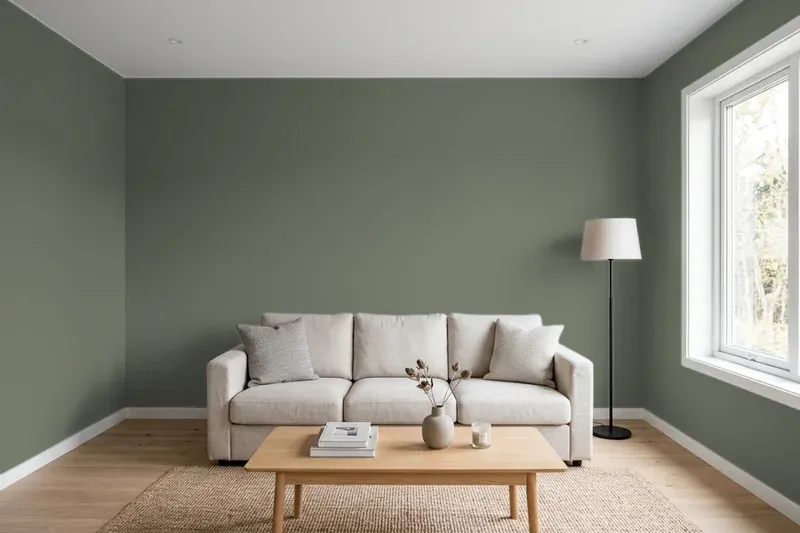 Living room with walls painted Sherwin-Williams Rosemary SW 6187 (simulated)