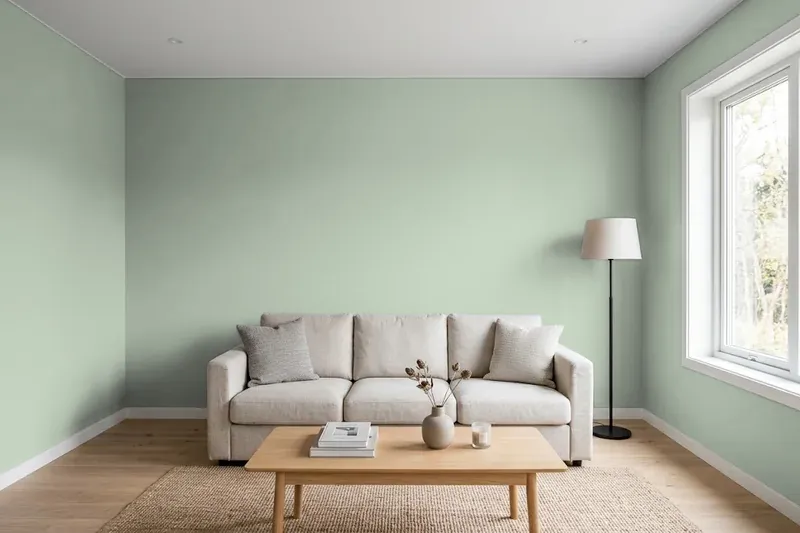 Living room with walls painted Benjamin Moore Sage Wisdom CSP-775 (simulated)