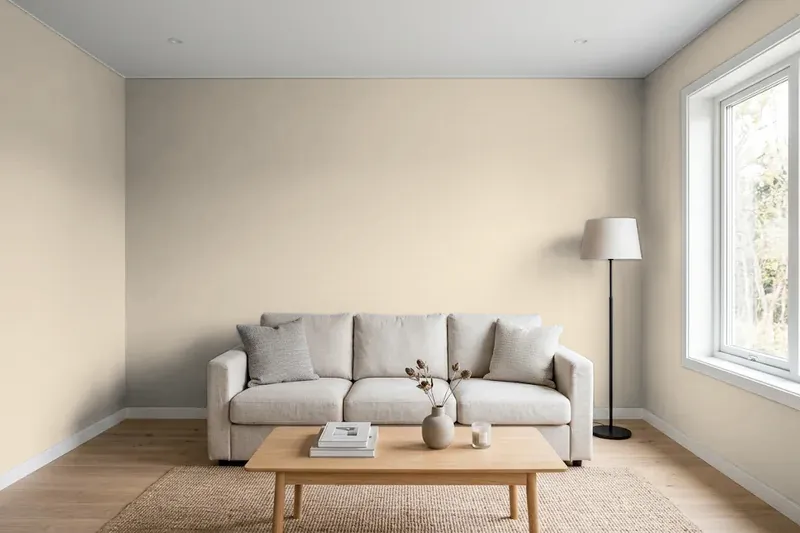 Living room with walls painted Sherwin-Williams Sandbar SW 7547 (simulated)