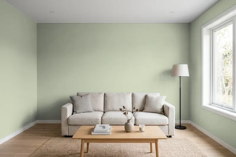 Living room with walls painted Benjamin Moore Saybrook Sage HC-114 (simulated)