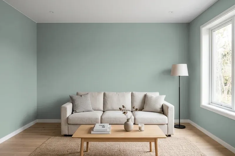 Living room with walls painted Benjamin Moore Sea Glass CSP-735 (simulated)