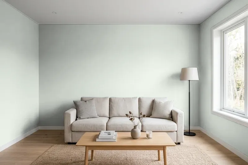 Living room with walls painted Sherwin-Williams Sea Spray SW 9651 (simulated)