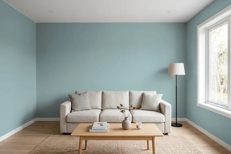 Living room with walls painted Benjamin Moore Sea Star 2123-30 (simulated)