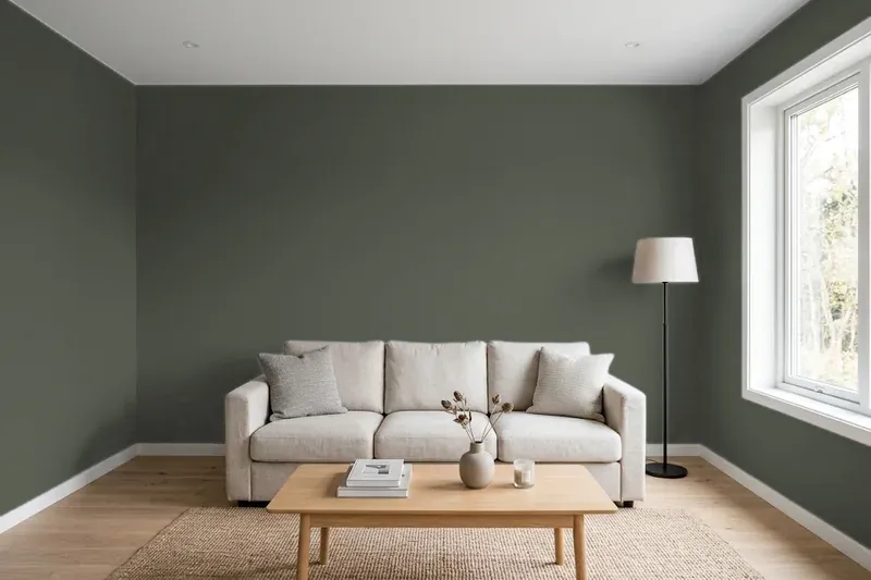 Living room with walls painted Sherwin-Williams Shade-Grown SW 6188 (simulated)