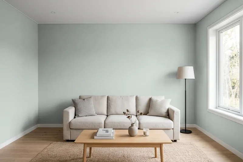 Living room with walls painted Sherwin-Williams Silvermist SW 7621 (simulated)