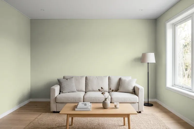 Living room with walls painted Sherwin-Williams Softened Green SW 6177 (simulated)