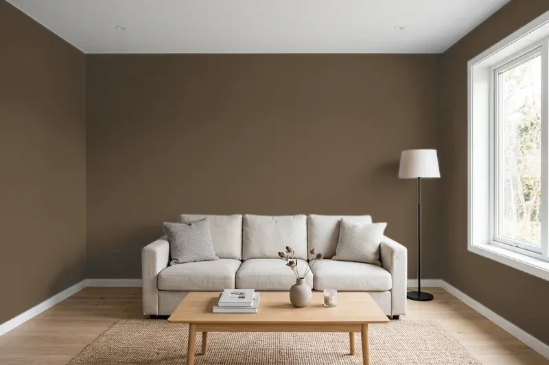 Living room with walls painted Sherwin-Williams Status Bronze SW 7034 (simulated)