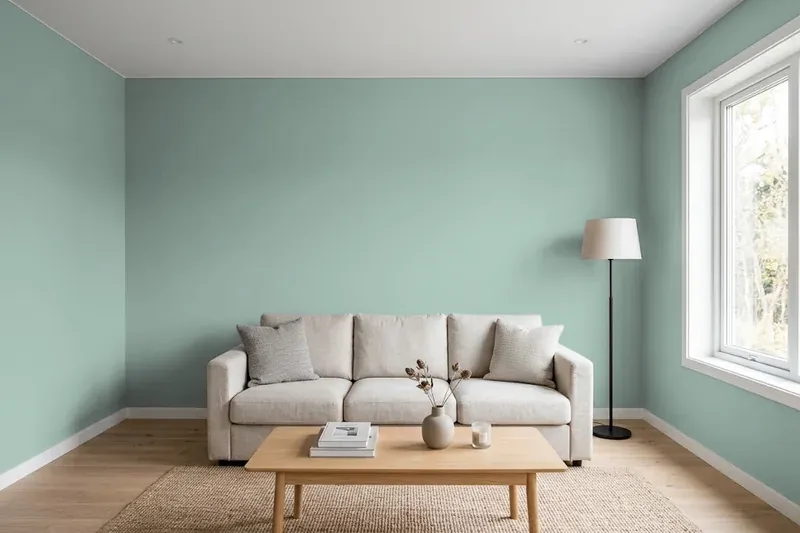 Living room with walls painted Benjamin Moore Stratton Blue HC-142 (simulated)