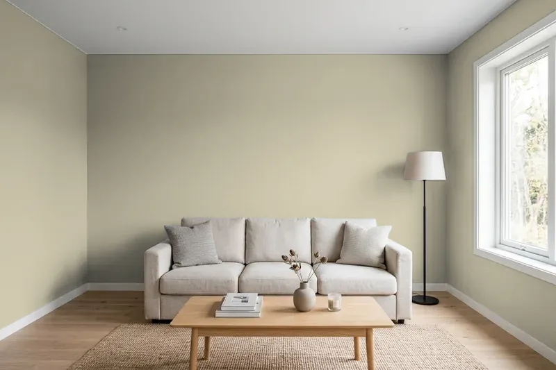Living room with walls painted Sherwin-Williams Svelte Sage SW 6164 (simulated)