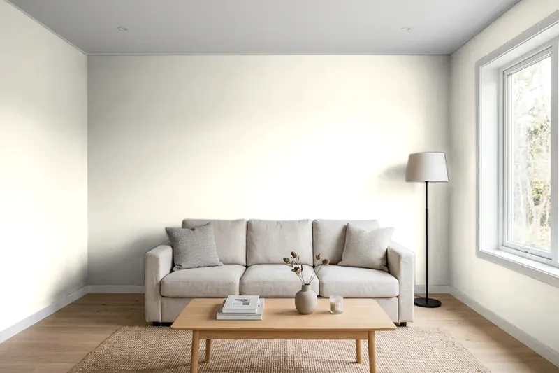 Living room with walls painted Behr Swiss Coffee 12 (simulated)