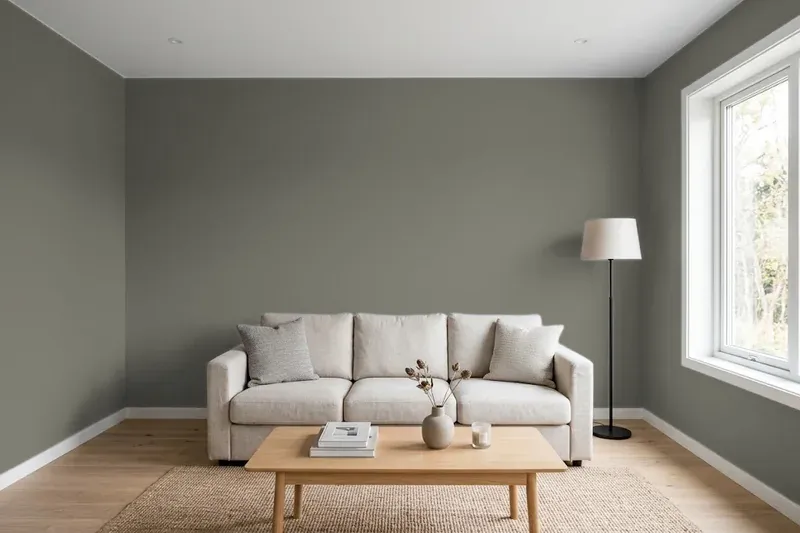 Living room with walls painted Sherwin-Williams Thunderous SW 6201 (simulated)