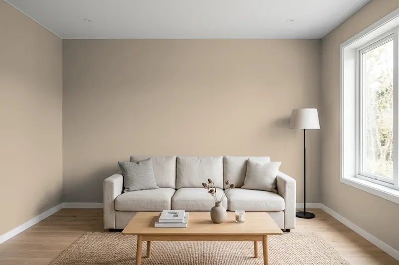 Living room with walls painted Sherwin-Williams Tony Taupe SW 7038 (simulated)