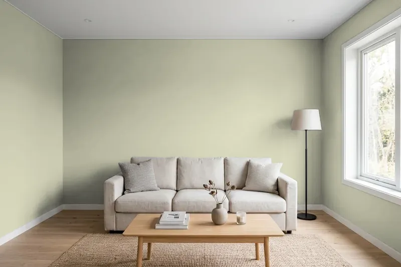 Living room with walls painted Benjamin Moore Tree Moss 508 (simulated)