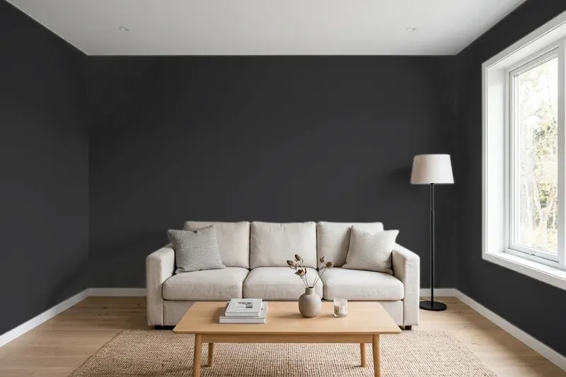 Living room with walls painted Sherwin-Williams Tricorn Black SW 6258 (simulated)