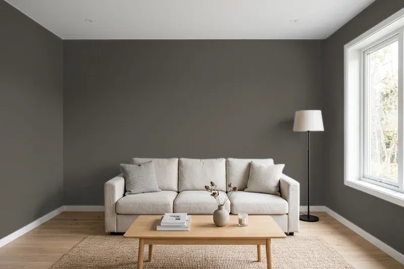 Living room with walls painted Sherwin-Williams Urbane Bronze SW 7048 (simulated)