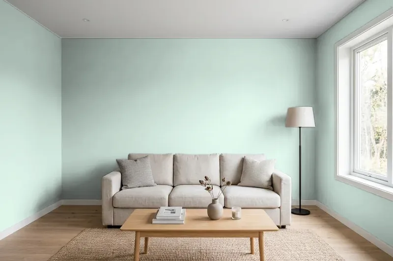 Living room with walls painted Sherwin-Williams Waterscape SW 6470 (simulated)