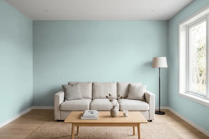 Living room with walls painted Benjamin Moore Wedgewood Gray HC-146 (simulated)