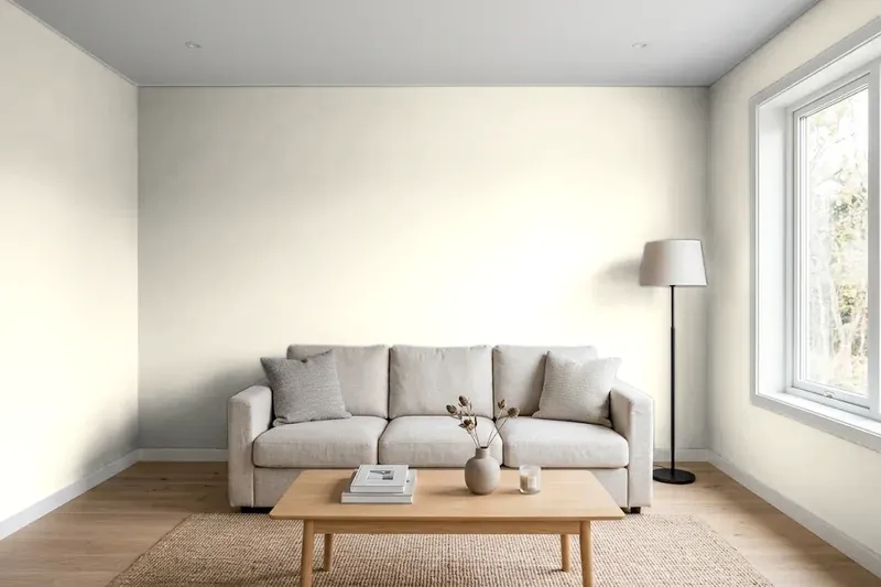 Living room with walls painted Benjamin Moore White Down 970 (simulated)