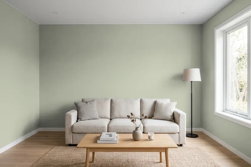 Living room with walls painted Sherwin-Williams Willow Tree SW 7741 (simulated)