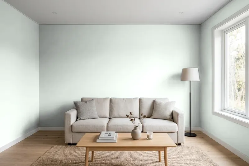 Living room with walls painted Sherwin-Williams Window Pane SW 6210 (simulated)
