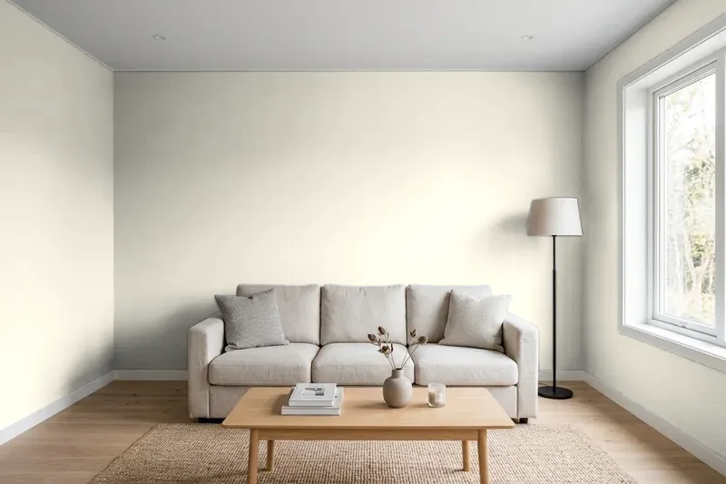 Living room with walls painted Benjamin Moore Wind's Breath 981 (simulated)