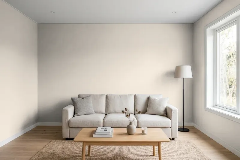 Living room with walls painted Sherwin-Williams Worldly Gray SW 7043 (simulated)