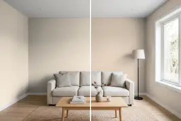 Living room split in two: left half painted Sherwin-Williams Accessible Beige SW 7036, right half Sherwin-Williams Balanced Beige SW 7037 (simulated)