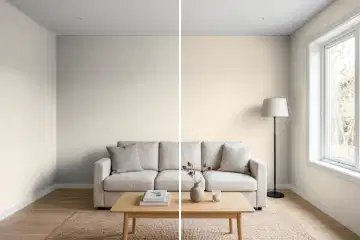 Living room split in two: left half painted Sherwin-Williams Agreeable Gray SW 7029, right half Sherwin-Williams Accessible Beige SW 7036 (simulated)