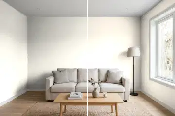 Living room split in two: left half painted Sherwin-Williams Alabaster SW 7008, right half Sherwin-Williams Creamy SW 7012 (simulated)