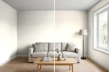 Living room split in two: left half painted Sherwin-Williams Alabaster SW 7008, right half Sherwin-Williams Shoji White SW 7042 (simulated)