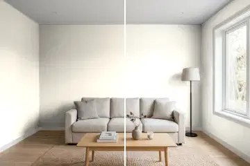 Living room split in two: left half painted Sherwin-Williams Dover White SW 6385, right half Sherwin-Williams Alabaster SW 7008 (simulated)