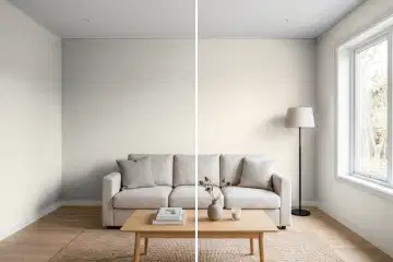 Living room split in two: left half painted Sherwin-Williams Repose Gray SW 7015, right half Sherwin-Williams Agreeable Gray SW 7029 (simulated)