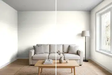 Living room split in two: left half painted Benjamin Moore Simply White 2143-70, right half Valspar Dove White 7002-7 (simulated)