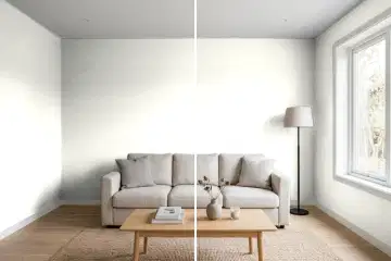 Living room split in two: left half painted Benjamin Moore Simply White 2143-70, right half Benjamin Moore White Dove OC-17 (simulated)