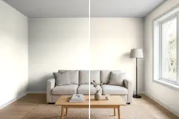 Living room split in two: left half painted Benjamin Moore Swiss Coffee OC-45, right half Sherwin-Williams Shoji White SW 7042 (simulated)