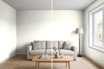 Living room split in two: left half painted Benjamin Moore White Dove OC-17, right half Benjamin Moore Swiss Coffee OC-45 (simulated)