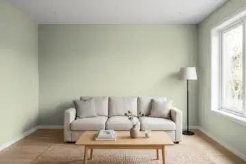 Living room with walls painted Benjamin Moore October Mist CC-550 (simulated)